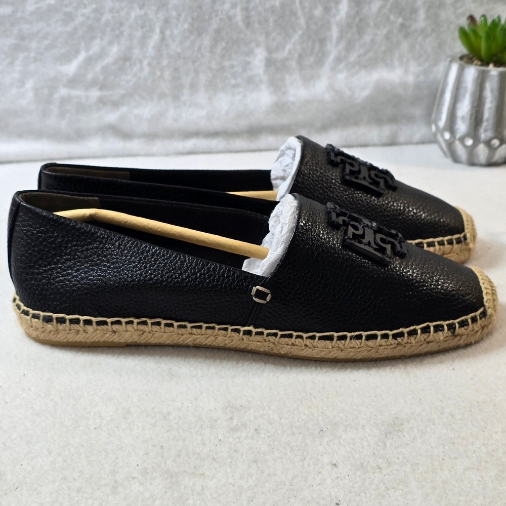 Tory Burch Espadrilles Leather Black Logo Slip On Loafers Shoes Size 8.5 - Picture 9 of 14